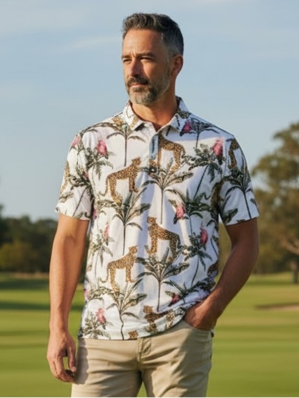Bad Birdie golf polo animal print cheetah parrot large